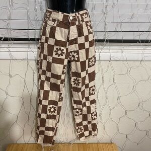 PacSun Brown and Cream Checkered Flare Jeans